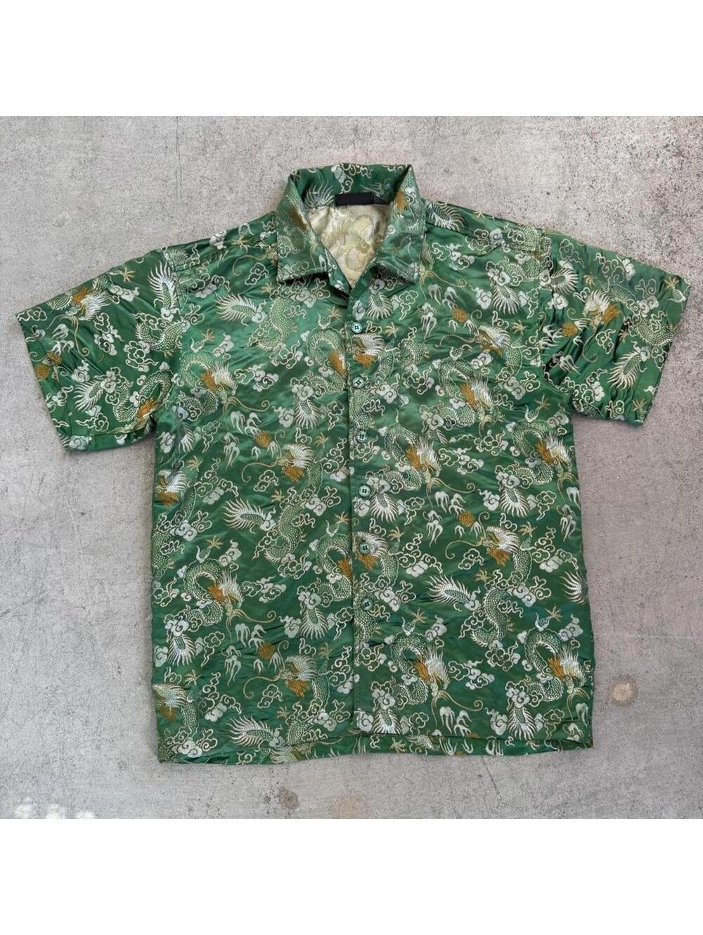 Vintage Y2K ODO Green Dragon All Over Print Design Button Up Skate Surf Shirt